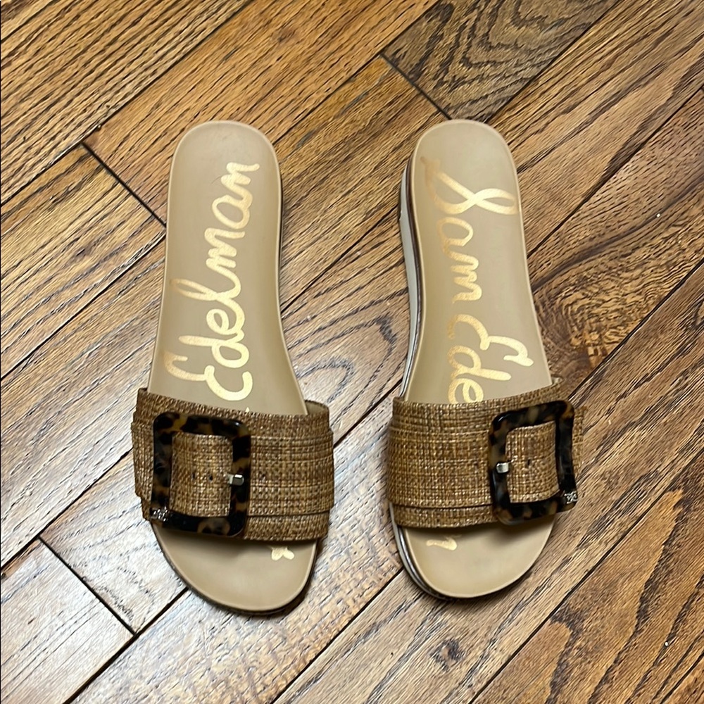 Sam Edelman Tan Raffia Slide Sandals with Tortoiseshell Buckle